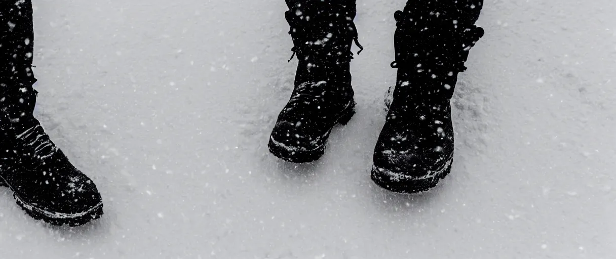 Image similar to top view extreme closeup movie like 3 5 mm film photograph of the silhouette of a man's boots walking through the antarctic snow during a heavy blizzard