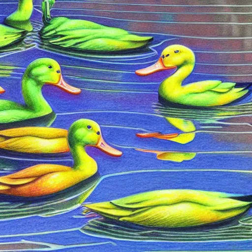 Prompt: Colored pencil art on paper, Ducks swimming in pond, highly detailed, artstation, MasterPiece, Award-Winning, Caran d'Ache Luminance