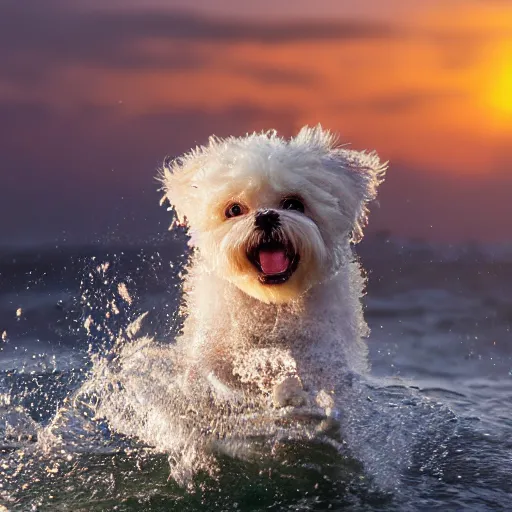 Image similar to a closeup photorealistic photograph of a cute smiling tiger bichon puppy splashing in the surf during sunset. professional capture, well lit shot. this 4 k hd image is trending on artstation, featured on behance, well - rendered, extra crisp, features intricate detail, epic composition and the style of unreal engine.