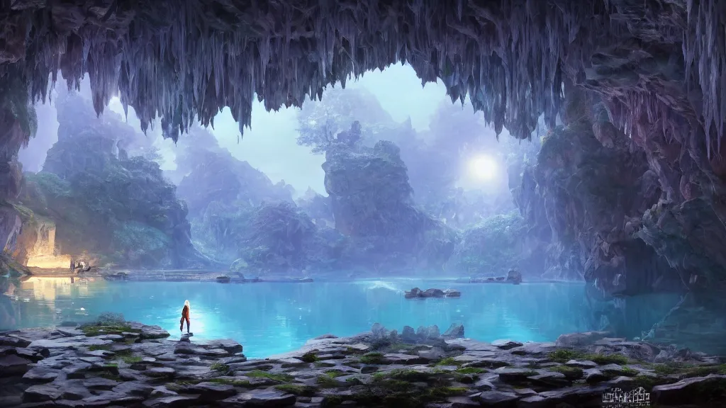 Prompt: inside a magical cave full of intricate dreamy crystal, there was a lake, filled by the light of a beautiful silver moon, dynamic lighting, cinematic lighting, lit by moonlight, by makoto makoto, krenz cushart and ilya kuvshinov and artgerm, unreal engine, featured on artstation, ultrawide angle