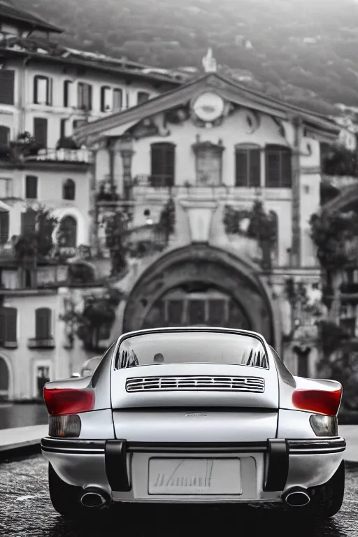 Image similar to Photo of a silver Porsche 911 Carrera 3.2 parked on a dock in Lake Como, daylight, dramatic lighting, award winning, highly detailed, 1980s, luxury lifestyle, fine art print, best selling.