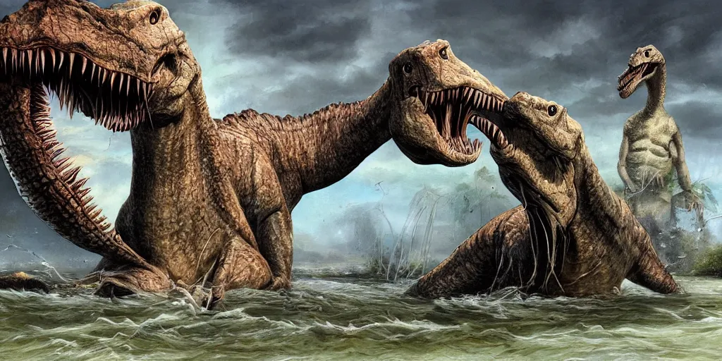Prompt: River monster, long neck, massive teeth, dinosaur, cryptid