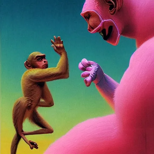 Prompt: monk fight monkey with pink gloves, retro 5 0 s style, art by beksinski and stalenhag