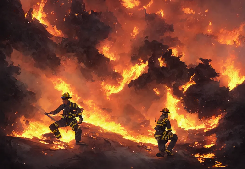 Image similar to heroic firefighter in action in black and yellow uniform, fire flames, sharp details, sharp focus, elegant, highly detailed, illustration, by jordan grimmer and greg rutkowski and pine ( ハイネ ) and 薯 子 imoko and 香 川 悠 作 and wlop and maya takamura, intricate