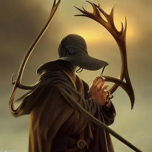 Image similar to ! dream a plague doctor hunting with a bow, with antlers on his head, deep focus, intricate, elegant, highly detailed, digital painting, artstation, concept art, matte, sharp focus, illustration, art by artgerm and greg rutkowski and alphonse mucha