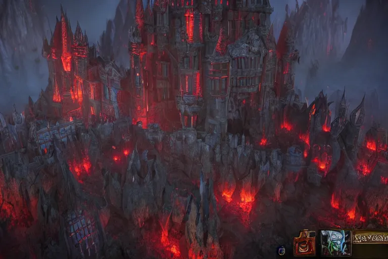 Image similar to big evil castle - city rock dark shadow elves, might and magic heroes vii, dark fantasy, shadows, artstation trending, unreal engine 5, red