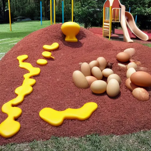 Prompt: a playground made of bacon, egg, and cheese, photorealistic
