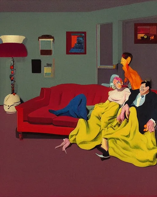 Image similar to old dead couple sitting on a couch and a person inside a large aquarium with clouds at red and yellow art deco interior room in the style of Francis Bacon and Syd Mead, open ceiling, highly detailed, painted by Francis Bacon and Edward Hopper, painted by James Gilleard, surrealism, airbrush, very coherent, triadic color scheme, art by Takato Yamamoto and James Jean