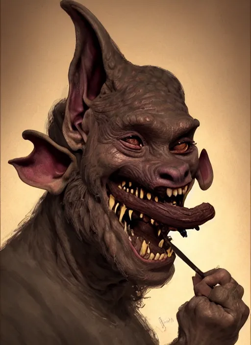 Image similar to profile face portrait of a medieval goblin eating cakes in the cloisters, beautiful face, hyper realistic, highly detailed, digital painting, artstation, illustration, concept art by hyung tae and frank frazetta, digital paint, matte paint, washed colors, dark, gloomy