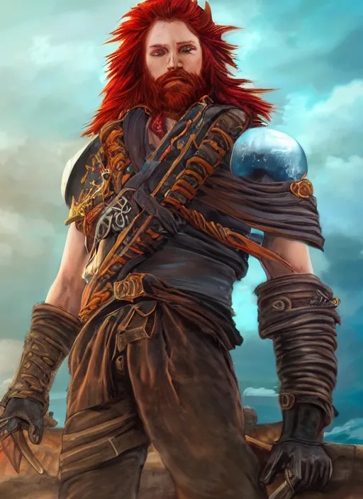 Image similar to An epic fantasy comic book style portrait painting of a long haired, red headed male sky-pirate in front of an skyship in the style of the wheel of time, unreal 5, DAZ, hyperrealistic, octane render, cosplay, RPG portrait, dynamic lighting