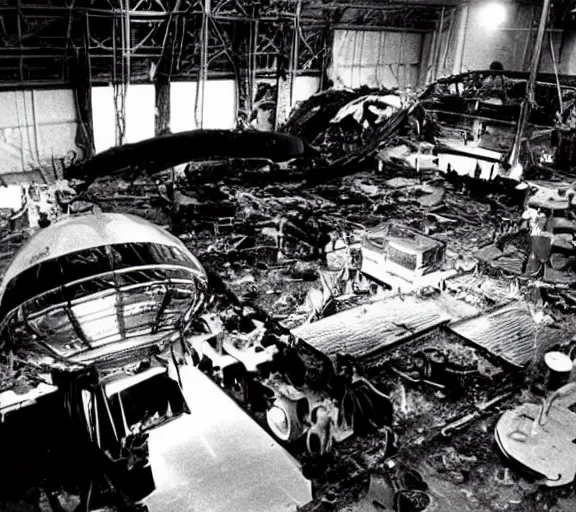 Prompt: Scientists examine UFO wreckage in a secret hangar, 1970s, hidden camera, black and white