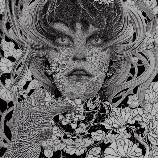 Prompt: life is so beautiful painted in alex grey and james jean style drawn by vania zouravliov and takato yamamoto, inspired by y - 3, intricate acrylic gouache painting, black and white, 3 d, high detail, sharp high detail, artstation