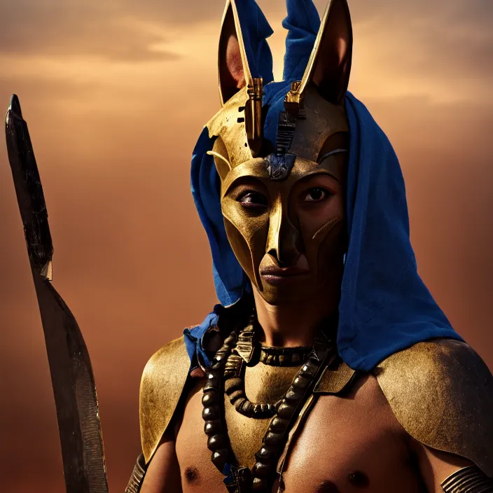Prompt: professional photograph of a real - life anubis warrior. extremely detailed. 8 k