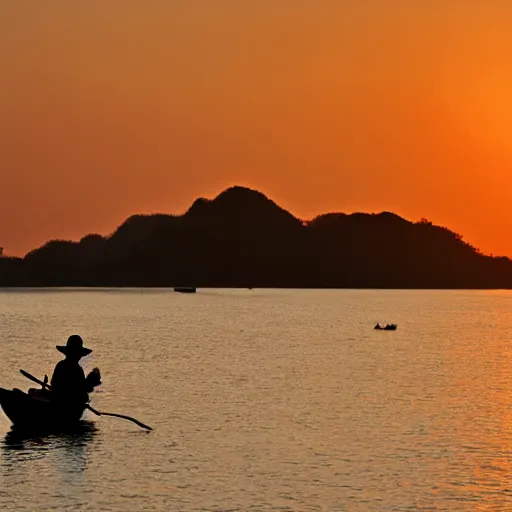Image similar to “ an old chinese fisher on a small boat fishing with cormorant during sunset, he wears a red chinese hat ”
