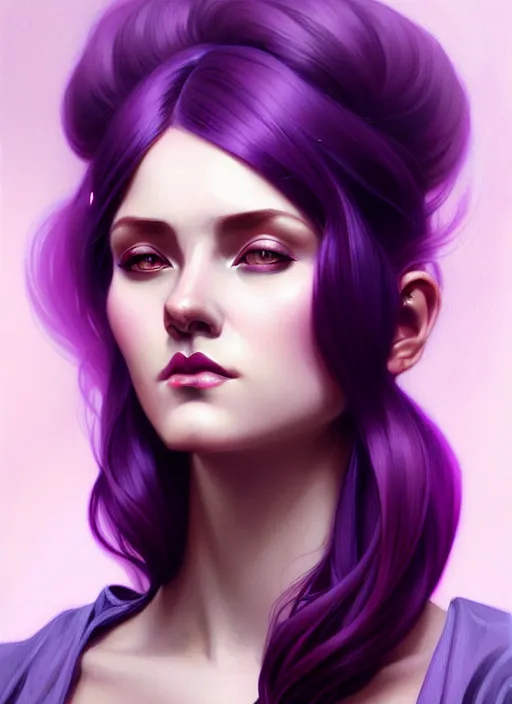 Image similar to Purple hair Portrait of woman, fashion, intricate, elegant, highly detailed, digital painting, artstation, concept art, smooth, sharp focus, illustration, art by artgerm and greg rutkowski and alphonse mucha