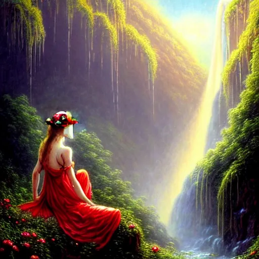 Image similar to an elegant fairy queen in a red lace dress sitting and looking out at a lord of the rings scenery landscape, vast lush valley flowers and giant mushroom structures, waterfall, river, sunrise, god's rays highly detailed, vivid colour, soft clouds, floral sunset, cinematic lighting, perfect composition, gustave dore, derek zabrocki, greg rutkowski, belsinski