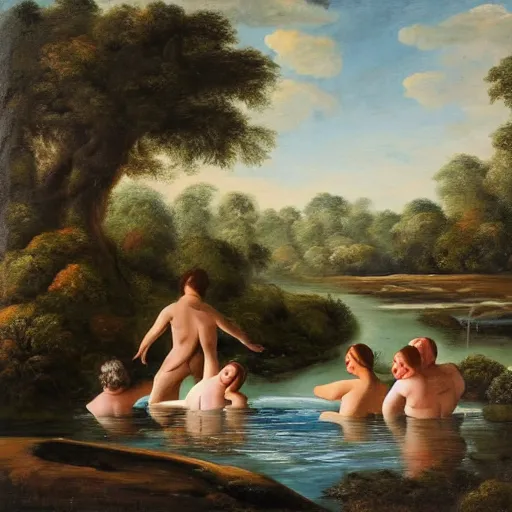 Image similar to The painting depicts four bathers in a stream or river, with two men and two women. The bathers are shown in different positions, with one woman lying down and the other three standing. The painting has a very naturalistic style, with trademark use of bold colors and brushstrokes. The overall effect is one of a peaceful scene, with the bathers enjoying the refreshing water. volumetric lighting, viridian by Kevin Sloan, by Alan Lee Trending on artstation, postprocessing