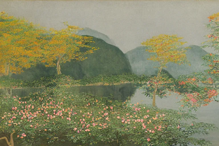 Prompt: an ultradetailed landscape painting of scenic westlake in china hangzhou, light yellow may flowers blossoms nearby, autumn wind, chinese water color, smooth, by hilma af klint