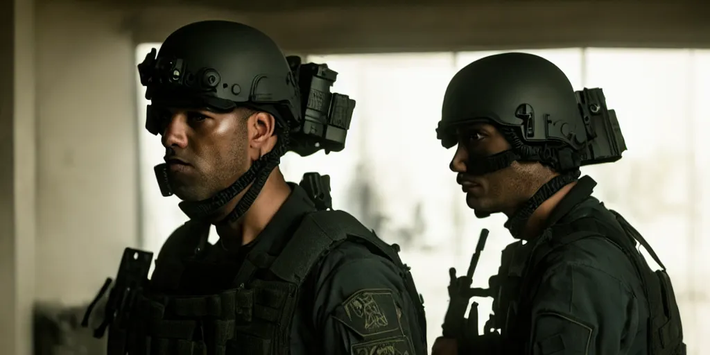 Image similar to vfx film, swat team squad crew, breach and clear, gang house, flat color profile low - key lighting award winning photography arri alexa cinematography, cinematic beautiful natural skin, famous face, atmospheric cool color - grade