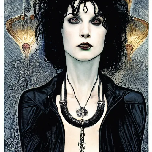 Image similar to death, a beautiful pale goth girl wearing a black vest and black punk hair, an ankh medallion hangs around her neck. portrait by joshua middleton and gustav klimt, vertigo comic