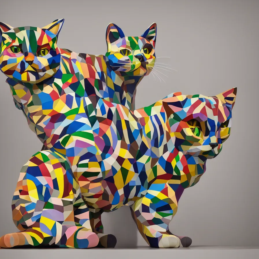 Prompt: beautiful gallery show studio photograph of a giant realistic geometric ceramic sculpture of lil bub cat!!!!, heavily glazed by bridget riley and victor vasarely, placed on a polished wooden table, colorful hyperrealism 8 k trending on artstation