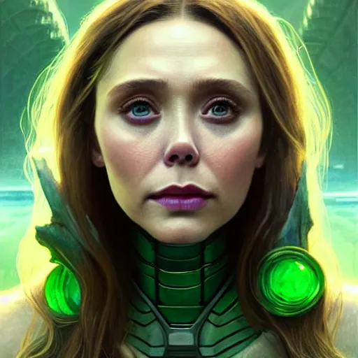 Image similar to portrait painting of elizabeth olsen with green skin and pointy ears wearing sci - fi clothes as a skrull, ultra realistic, concept art, intricate details, eerie, highly detailed, photorealistic, octane render, 8 k, unreal engine. art by artgerm and greg rutkowski and charlie bowater and magali villeneuve and alphonse mucha