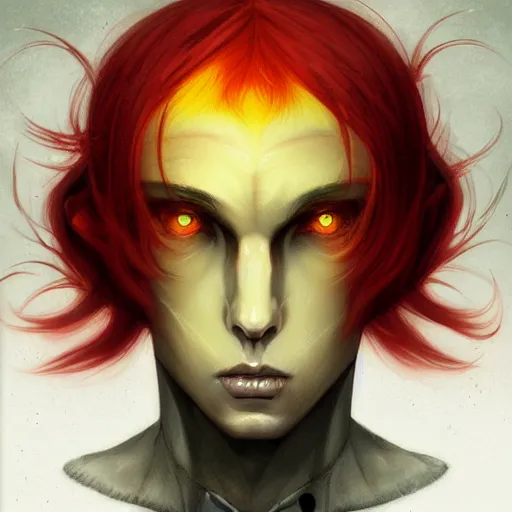 Prompt: headshot portrait of male anime character extremely sharp jaws evil yellow eyes medium red hair by anato finnstark, tom bagshaw, brom