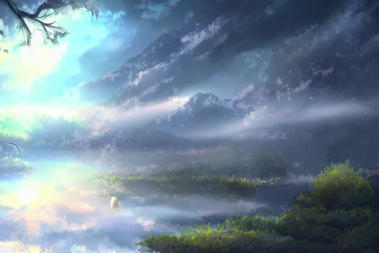 Image similar to mystical scenery , by Sakimori, digital art, pixiv scenery art