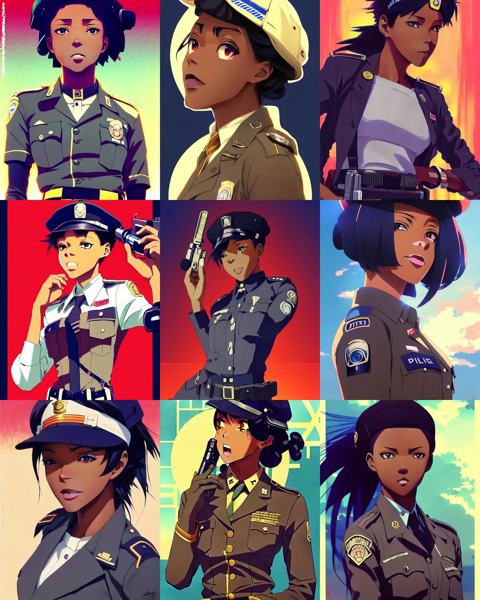Prompt: A beautiful young anime African-American dieselpunk policewoman || very anime, fine-face, handsome face, realistic shaded Perfect face, fine details. Anime. realistic shaded lighting poster by Ilya Kuvshinov katsuhiro otomo ghost-in-the-shell, magali villeneuve, artgerm, Jeremy Lipkin and Michael Garmash and Rob Rey