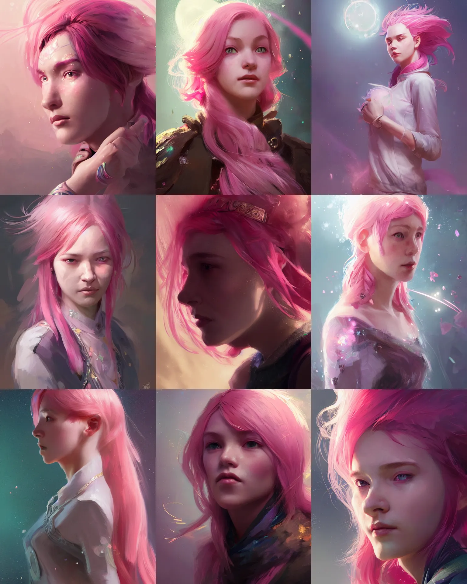 Prompt: portrait of an innocent lost woman with pink hair, magic uniform, fantasy, intricate, sharp focus, lens flare, bloom, rim light, illustration, highly detailed, digital painting, concept art, matte, art by ruan jia. front side view