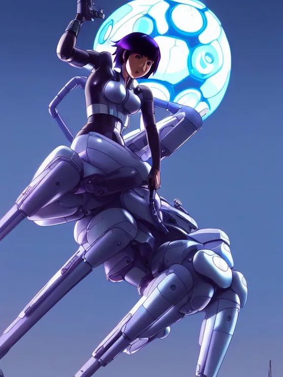 Image similar to a fullbody action still of motoko kusanagi riding on top of a tachikoma, the major ghost in the shell : : stand alone complex, under repairs, maintenance : : by ilya kuvshinov, rossdraws, artgerm, sola digital arts, anti aliasing, raytracing : :