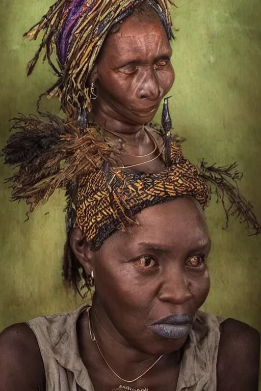 Prompt: a realistic portrait of a bewitching african witch in her home