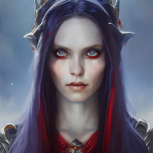 Prompt: A detailed matte oil on canvas head on symmetrical portrait of a beautiful elven woman with blue red eyes and red hair by greg rutkowski and Charlie bowater, trending on artstationhd, dungeons and dragons art critical role