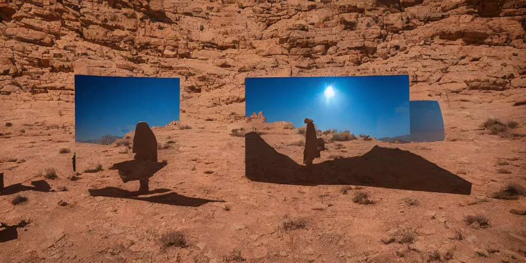 Image similar to levitating ghost silhouette with full - face golden mask in a dry rocky desert landscape, visible sky and sunny atmosphere, fata morgana and giant square mirrors by alejandro jodorowsky, anamorphic lens, kodakchrome, practical effects, masterpiece, 8 k