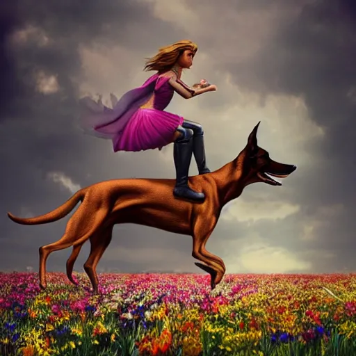 Prompt: girl riding a giant doberman in a field of flowers, trending on artstation