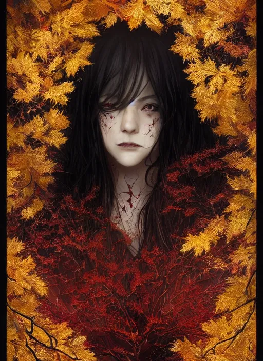 Image similar to gold red black color, golden leaves at frame border, creative!!! composition for a book cover!!!, absurdly beautiful, ultrafine hyperrealistic detailed old witch face by wlop and artgerm and greg rutkowski, intricate linework, sharp focus, smooth, octopath traveler, final fantasy, unreal engine, dramatic lighting, ethereal, 8 k