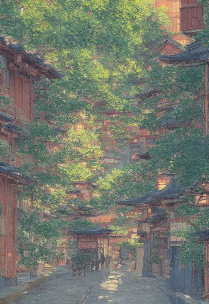 Image similar to a beautiful japanese city in the mountain, amazing ryokans and gorgeous edo era houses, epic cyberpunk, lofi vibe, colorful, vivide colors, amazing light, really beautiful nature, oil painting in impressionist style, by jeremy lipkin, by claude monet, by makoto shinkai, kandinsky touches, multiple brush strokes, inspired by ghibli, masterpiece, beautiful