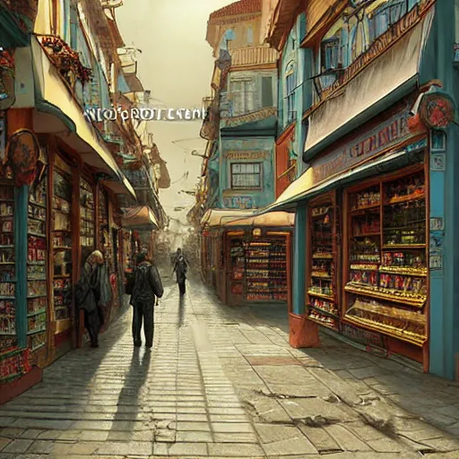 Prompt: A fantasycore of a convenience store with photograph of 2022 portugal lisbon on the street of a very highly detailed logital eldritch city matte painting art by Greg Rutkowski, a 12x(very) much logical detailed Dimensional cyan gold natural light, highly logical detailed architecture by alphonse mucha, a 12x(very) much logical detailed by Eta Cru and James Gurney and Donato Giancola