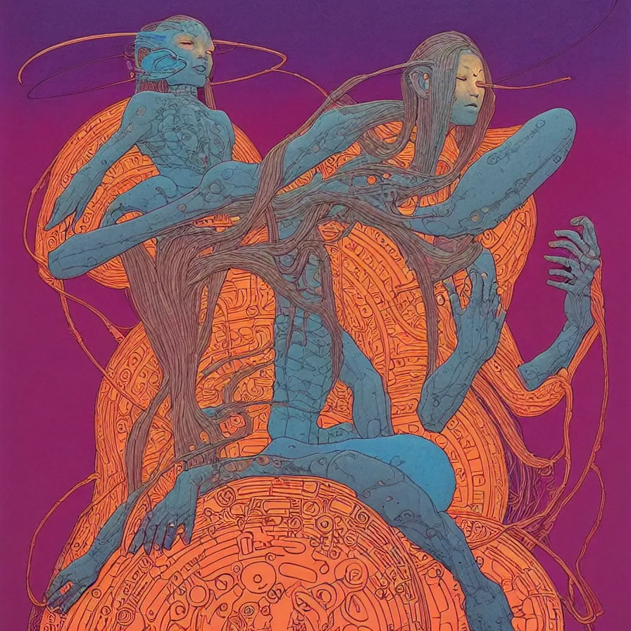 Prompt: ( ( ( sacred ancient ) ) ) by mœbius!!!!!!!!!!!!!!!!!!!!!!!!!!!, overdetailed art, colorful, record jacket, warm tones, bioluminescent