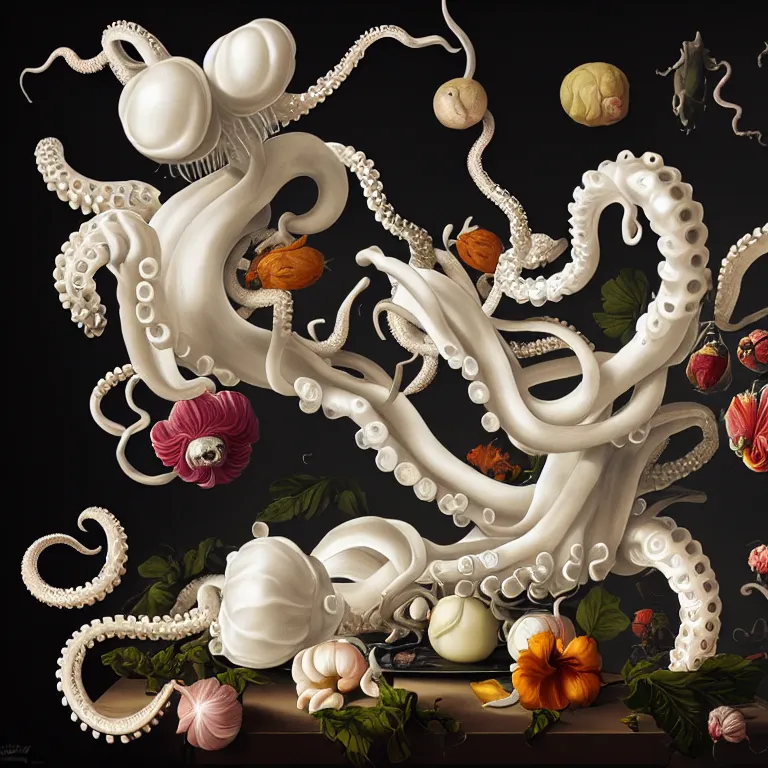 Image similar to still life of flowers, white alien squid, white octopus, surreal alien ribbed fruit, tropical fruit, white human spine, baroque painting, beautiful detailed intricate insanely detailed octane render trending on Artstation, 8K artistic photography, photorealistic, chiaroscuro, Raphael, Caravaggio