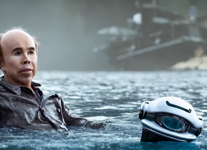Prompt: film still of Clint Howard in water with robot as Cooper in Interstellar, 4k