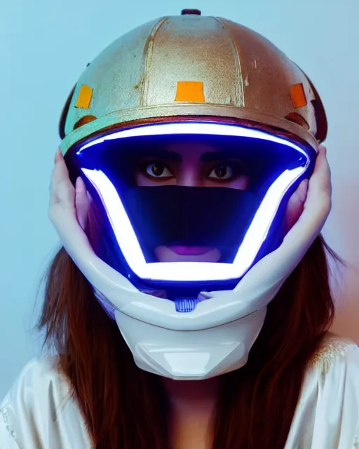 Image similar to centered medium shot fine studio photograph of a beautiful persian girl wearing only a mecha electronic persian helmet with bright lights, ultra-realistic, white background, 8k HDR sunset lit, intricate