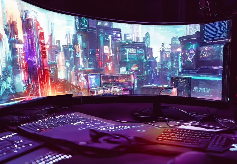 Image similar to cyberpunk computer running a videogame, highly detailed