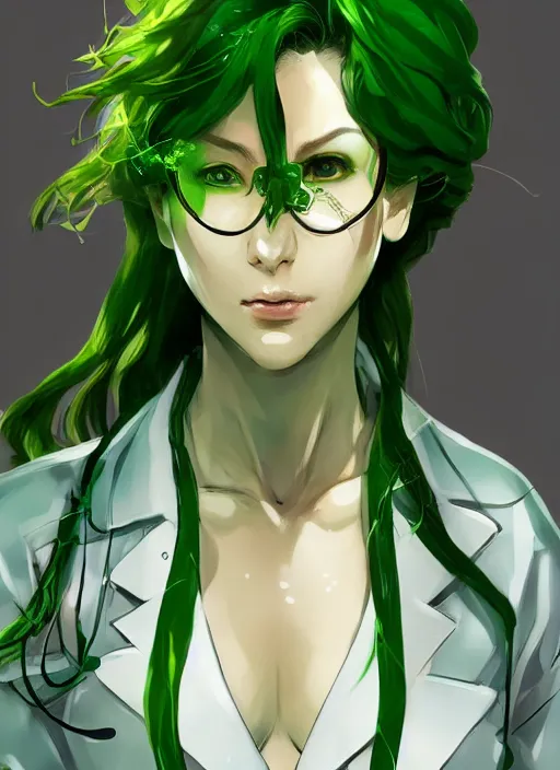 Prompt: Half body portrait of a beautiful dryad scientist with green hair and lab coat. In style of Yoji Shinkawa and Hyung-tae Kim, trending on ArtStation, dark fantasy, great composition, concept art, highly detailed.