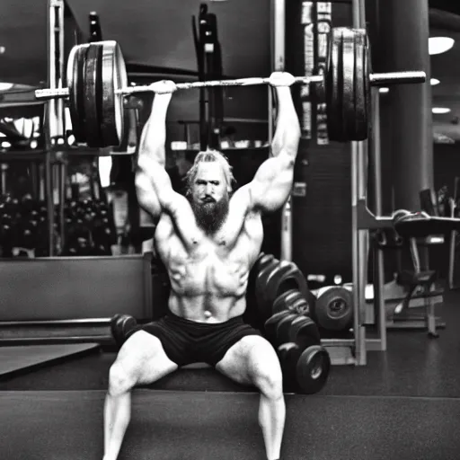 Image similar to photo of hyper masculine viking lifting weights at the gym cinestill, 8 0 0 t, 3 5 mm, full - hd