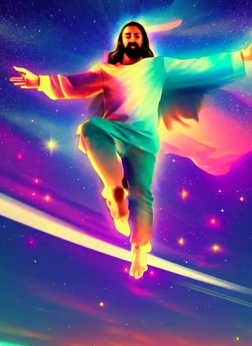 Image similar to Jesus Christ flying in space, dynamic lighting, +++++++++++ super super dynamic dynamic pose, glitch effect, colorful, space, starry night, intense, 20k