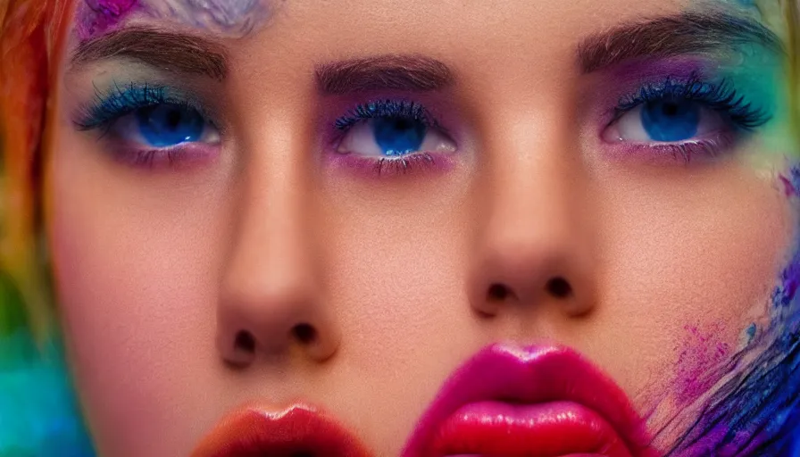 Image similar to beautiful eyes and lips with a colorful background, cinematic lighting, establishing shot