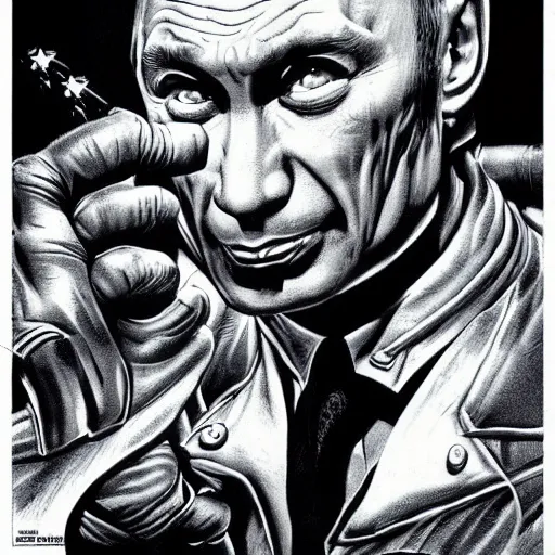 Image similar to portrait of vladimir putin as evil gremlin by vincent di fate, artgrem, jason edmiston, black & white ink, retro, comic book