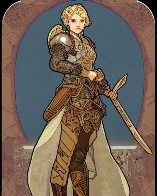 Image similar to young paladin woman, short blonde hair, plate chest armour, symmetrical portrait RPG avatar, by Mucha, intricate, 8k,