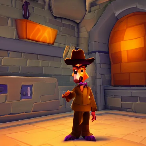 Prompt: screenshot of a humanoid inspector badger with a brown trenchcoat as an npc in spyro the dragon video game, with low poly playstation 1 graphics, upscaled to high resolution